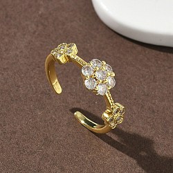Brass Micro Pave Cubic Zirconia Cuff Open Rings, Flower, Cadmium Free & Lead Free, Rack Plating, Long-Lasting Plated, Golden, 7.5mm, Inner Diameter: 18mm(RJEW-C163-22G)