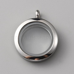 304 Stainless Steel Locket Pendants, Double Sides with Glass, DIY Accessories for Jewelry Pendant Making, Flat Round Charm, Stainless Steel Color, 30.5x25x8mm, Hole: 3.6mm, Inner Diameter: 17.5mm(STAS-WH0027-44P)