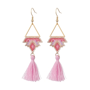 Glass Seed Braided Crown Dangle Earrings, with Cotton Tassels, Golden 304 Stainless Steel Triangle Jewelry for Women, Pearl Pink, 80mm, Pin: 0.7mm