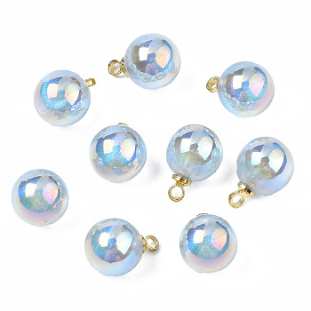 ABS Plastic Imitation Pearl Charms, with Brass Findings, AB Color Plated, Golden, Round, Turquoise, 11.5x8mm, Hole: 1.5mm