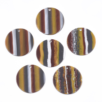 Resin Pendants, Flat Round, Stripe Pattern, Dark Goldenrod, 30x1.5~2mm, Hole: 2mm