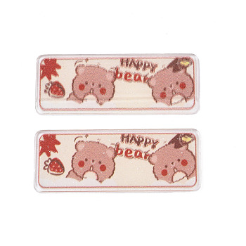 Transparent Printed Acrylic Cabochons, with Glitter Powder, Rectangle with Bear & Word Happy Bear, Dark Salmon, 50x50x2mm
