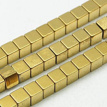 Non-magnetic Synthetic Hematite Beads Strands, Cube, Golden Plated, 4x4x4mm, Hole: 1mm