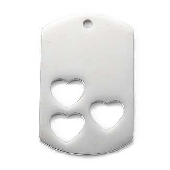 304 Stainless Steel Pendants, Rectangle with Hollow Heart, Stainless Steel Color, 40x25x1.5mm, Hole: 2.4mm