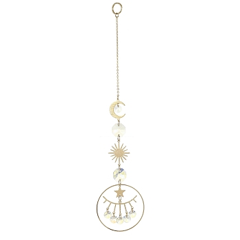 Glass Octagon Pendant Decorations, Hanging Suncatchers, with Brass Moon & Sun & Star Link, for Home Decorations, Clear AB, 235x50x1~8mm