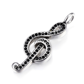 316 Surgical Stainless Steel Rhinestone Pendants, Musical Note, Antique Silver, 37x14x6mm, Hole: 3.5mm