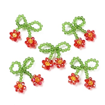 Glass Beaded Pendants, with Copper Wire, Bowknot with Flower Charms, Red, 25~27x25~28x5~5.5mm, Hole: 5.5x7.5mm