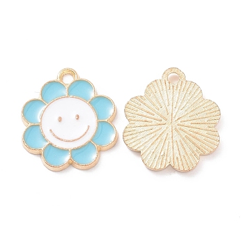 Alloy Enamel Pendants, Flower with Smiling Face Charm, Light Gold, Sky Blue, 18.5x16x1.5mm, Hole: 1.8mm