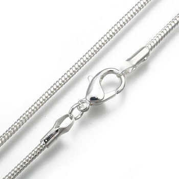 Brass Round Snake Chain Necklaces, with Lobster Claw Clasps, Silver Color Plated, 22 inch, 2mm