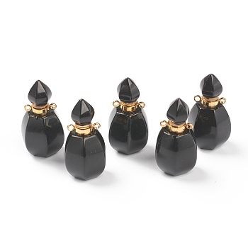 Faceted Natural Black Agate Pendants, Openable Perfume Bottle, with Golden Tone Brass Findings, Dyed & Heated, 32~33x17~18x16mm, Hole: 2mm, capacity: 1ml(0.03 fl. oz)