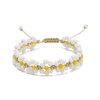 Flower Glass Braided Bead Bracelet, Adjustable Bracelet for Women, Gold, Inner Diameter: 2-1/8~3-1/4 inch(5.5~8.1cm) 