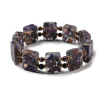 Dyed Natural Imperial Jasper with Resin Beaded Stretch Bracelets, Rectangle, Dark Violet, Inner Diameter: 2-1/8 inch(5.4cm)