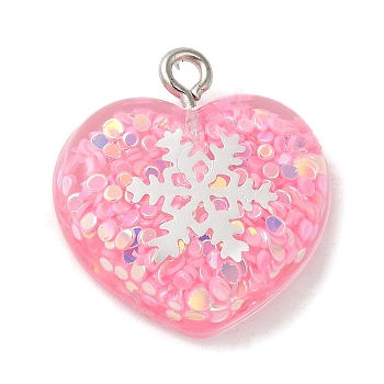 Acrylic Pendant, with Iron Findings, Glitter, Valentine Heart with Snowflake, Pink, 20.5x20x6.5mm, Hole: 2mm