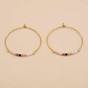 Glass Seed Beaded Hoop Earrings, Boho Beach Earrings, Coral, 30x30mm