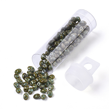 2-Hole Seed Beads, Czech Glass Beads, Opaque Baking Paint Style, Olive Drab, 5x3.5~3.8x2.5~2.8mm, Hole: 0.9mm, about 10g/bottle