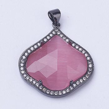 Brass Cat Eye Pendant, with Micro Pave Cubic Zirconia, Faceted, Long-Lasting Plated, Petal, Hot Pink, Gunmetal, 28x25x5mm, Hole: 3.5x4mm