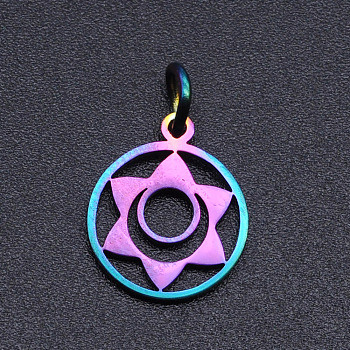 Chakra Theme Ion Plating(IP) 201 Stainless Steel Charms, Laser Cut Pendants, with Jump Rings, Flat Round, Rainbow Color, Svadhisthana, 13.5x11.5x1mm, Hole: 3mm