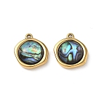 Natural Paua Shell Pendants, 304 Stainless Steel Irregular Flat Round Charms, Ion Plating(IP), Real 18K Gold Plated, Colorful, 15.5x14x5~7mm, Hole: 1mm(STAS-G397-01G-02)