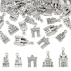 50Pcs 5 Styles Tibetan Style Zinc Alloy Pendants, Mixed Building Charms, Lead Free & Cadmium Free, Antique Silver, 18~28x10~16x1.5~5mm, Hole: 1.8~3mm, 10pcs/style(TIBEP-YW0002-36)