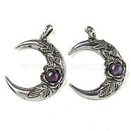 Natural Amethyst Pendants, Alloy Flower Crescent Moon Charms, Antique Silver, 43.5x35.5x8.5mm, Hole: 8x7mm(G-P547-04AS-03)