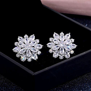 Brass Micro Pave Cubic Zirconia Stud Earrings, Flower, Clear, 20mm(LM0648-1)