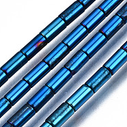 Electroplate Opaque Glass Beads Strands, Column, Blue, 5x2.5mm, Hole: 0.8mm, about 72~75pcs/strand, 13.98 inch~14.25 inch(35.5~36.2cm)(EGLA-T023-02-A01)
