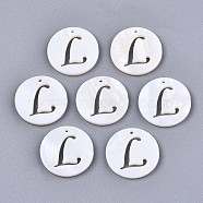 Natural Freshwater Shell Charms, Flat Round with Hollow Out Letter, Letter.L, 14.5x1.5mm, Hole: 0.9mm(SHEL-S276-119L)