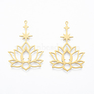 201 Stainless Steel Pendants, Lotus with Star, Real 18K Gold Plated, 44x30x1mm, Hole: 1.4mm(STAS-N090-LA909-2)