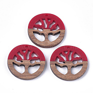 Resin & Walnut Wood Pendants, Flat Round with Tree, Red, 28x2.5~4mm, Hole: 1.8mm(RESI-S358-37D)