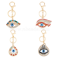 4Pcs 4 Styles Alloy Rhinestone Keychain, with Alloy Key Rings & Lobster Claw Clasps and Resin, Evil Eye/Teardrop, Golden, 12.2cm, 1pc/style(KEYC-DC0001-21)