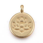 Tibetan Style Alloy Pendants, Flat Round with Lotus, Lead Free & Nickel Free & Cadmium Free, Real 18K Gold Plated, Matte Gold Color, 20x15x4.5mm, Hole: 1.5mm(TIBE-S301-015MG-NR)