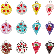 24Pcs 12 Styles Opaque Resin Imitation Food Pendants, Cake Charm with Strawberry, with Platinum Tone Iron Loops, Mixed Color, 19~20x12.5~17x11.5~13mm, Hole: 2mm, 2pcs/style(RESI-SC0002-60)