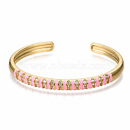 Brass Micro Pave Clear Cubic Zirconia Cuff Bangles, with Enamel, Nickel Free, Real 16K Gold Plated, Pearl Pink, Inner Diameter: 2-3/8x1-3/4 inch(5.9x4.5cm)(BJEW-N302-005F-NF)