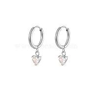 Stainless Steel Crystal Rhinestone Heart Dangle Earrings, Huggie Hoop Earrings for Women, Platinum(HH7854-2)