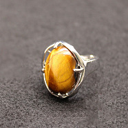 Oval Natural Tiger Eye Adjustable Ring, Platinum Alloy Jewelry for Women, Inner Diameter: 18mm(FIND-PW0021-05I)