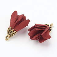 Velvet Pendant Decorations, Flower, with Alloy Findings, Antique Golden, Dark Red, 23.5x8mm, Hole: 1.5mm(FIND-P021-03)
