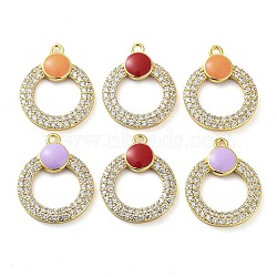 Brass Micro Pave Clear Cubic Zirconia Pendants, with Enamel, Real 18K Gold Plated, Round Ring Charms, Mixed Color, 22.5x18x3.5mm, Hole: 1.8mm(KK-F871-15G)