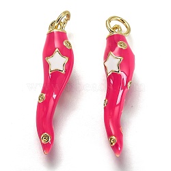 Brass Enamel Pendants, Long-Lasting Plated, Real 18K Gold Plated, Horn of Plenty, Italian Horn Cornicello, Deep Pink, 26x6x6mm, Hole: 3.3mm(X-KK-B026-15G-B)