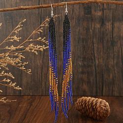 Bohemian Style Tassel Dangle Earrings, with Geometric Glass Beads Handmade, Platinum, Blue, 110x11mm(BA7558-2)