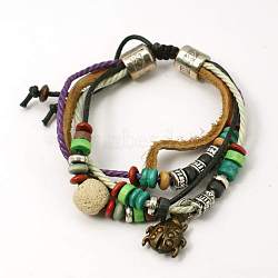 Lava Rock Beads Bracelets, Waxed Cotton Cord and Leather Cord with Alloy Findings and Wood Beads, Beige, 44mm(BJEW-D264-08)
