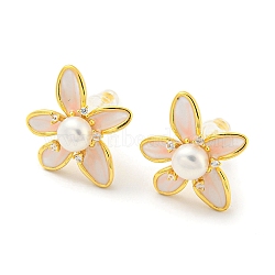 Cubic Zirconia Flower Stud Earrings with Natural Pearl, Brass Earrings with 925 Sterling Silver Pins, Real 18K Gold Plated, 16x8.5mm(EJEW-Z020-06G)