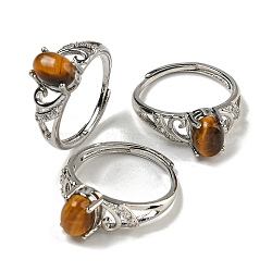 Oval Natural Tiger Eye Adjustable Rings, Brass Clear Cubic Zirconia Ring for Women, Long-Lasting Plated, Lead Free & Cadmium Free, Platinum, Inner Diameter: 18mm(RJEW-Q818-01P-10B)