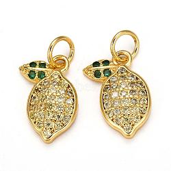 Brass Micro Pave Cubic Zirconia Charms, with Jump Rings, Long-Lasting Plated, Lemon, Lemon Chiffon, Golden, 14x10x3mm, Hole: 1.5mm(ZIRC-L093-18G)
