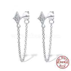 Cubic Zirconia Star with Tassel Dangle Stud Earrings for Women, Rhodium Plated 925 Sterling Silver Jewelry, Platinum, 27mm(EJEW-F317-15P)