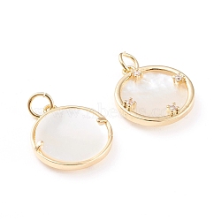 Brass Micro Pave Clear Cubic Zirconia Pendants, with Jump Rings and Natural Shell, Long-Lasting Plated, Flat Round, Real 18K Gold Plated, 17.4x16.7x4mm, Jump Ring: 5.3x1mm, Hole: 3.2mm(ZIRC-I043-13G)