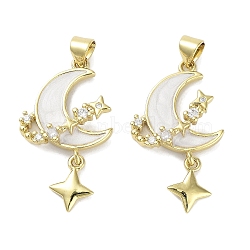 Rack Plating Brass Micro Pave Clear Cubic Zirconia Pendants, with Enamel, Lead Free & Cadmium Free, Long-Lasting Plated, Moon, Real 18K Gold Plated, 30.5x17x4.5mm, Hole: 4.5x3mm(KK-R163-04G)