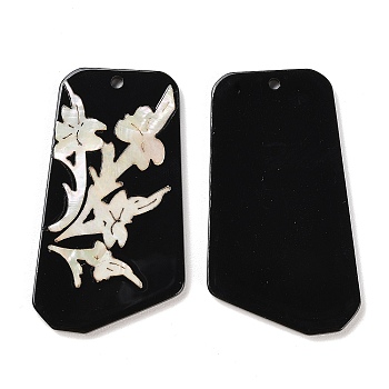 Opaque Flower Pattern Acrylic Pendants, with Shell, Black, Rectangle, 49.5x28x2.5mm, Hole: 2mm
