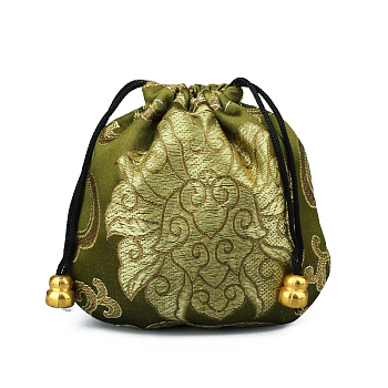 Chinese Style Silk Brocade Jewelry Packing Pouches, Drawstring Gift Bags, Auspicious Cloud Pattern, Olive, 11x11cm