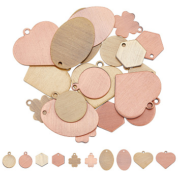 20Pcs 10 Style Brass Pendants, Stamping Blank Tag, Long-Lasting Plated, Ova & Flat Round & Heart & Cross, Mixed Color, 12~22x10~20x0.5~1mm, Hole: 1.2~1.6mm, 2pcs/style