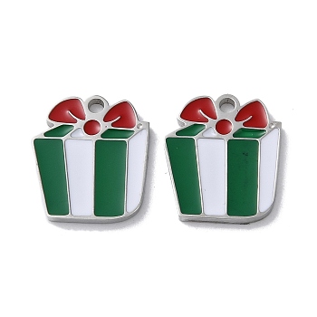 304 Stainless Steel Charms, with Enamel, Gift Box Charm, Stainless Steel Color, 14x12x1.5mm, Hole: 1.5mm